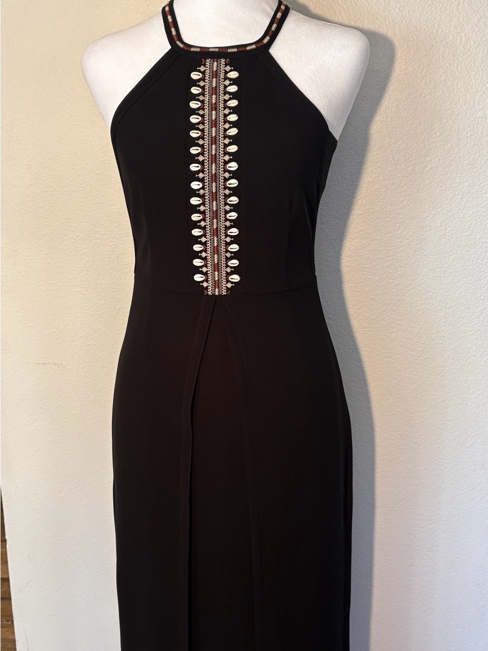 Yigal Azrouel Black Halter “Giorgio” Dress with shell and embroidery center trim